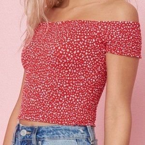 Red and white floral smocked crop top